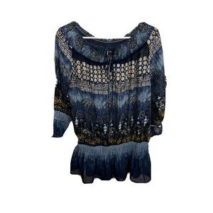 Mickie D Sheer Tunic Top Dark Blue Aboriginal Design Size Medium